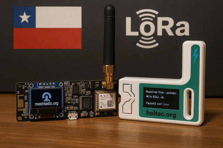 Dispositivos Heltec y T-Echo con bandera chilena y logo LoRa
